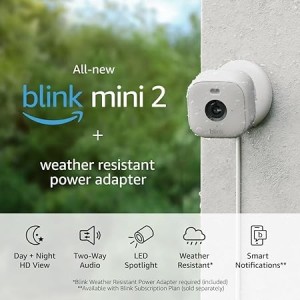 All-New Blink Mini 2 + Weather Resistant Adapter — Plug-in smart security camera, indoor/outdoor, HD night view in color, built-in spotlight, two-way audio, motion detection, Works with Alexa (White)