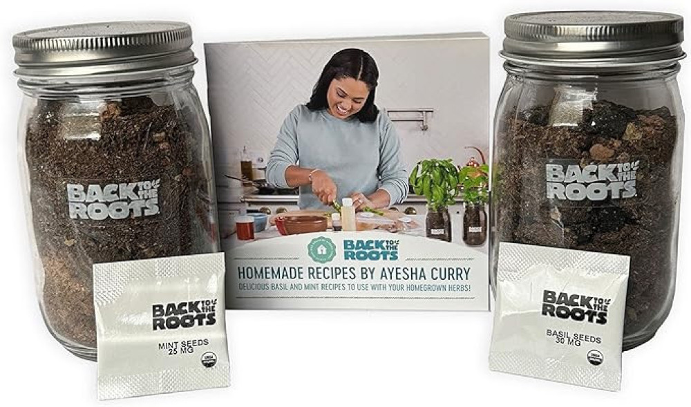 Back to the Roots Indoor Herb Garden Starter Kit, Basil and Mint - Includes seeds, biochar soil and Ayesha Curry Recipe Book