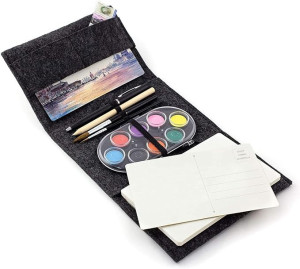 Three by Three Seattle jOTBLOCK Travel Postcard Watercolor Paint Set, Watercolor Set Includes 12 Blank Postcards, 2 Brushes, 8 Paint Colors, Palette, Pencil & Ballpoint Pen