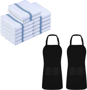 Utopia Towels Bundle Pack of 3- Kitchen Dish Towels (3 Pack, Blue) and Unisex Adjustable Bib Apron (2, Black)- Highly Absorbent and Multipurpose Towels- Wrinkle Free Bib Apron- Machine Washable